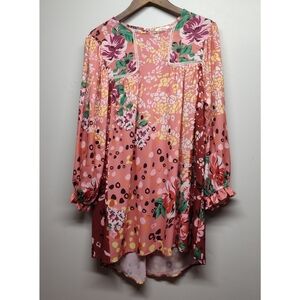 Umgee Mini Dress Women Size L Pink Floral Lightweigh Long Sleeve Tropical Boho